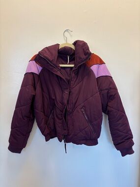 Free People Women's Plum Quilted Puffer Jacket with Pink & Rust Accents